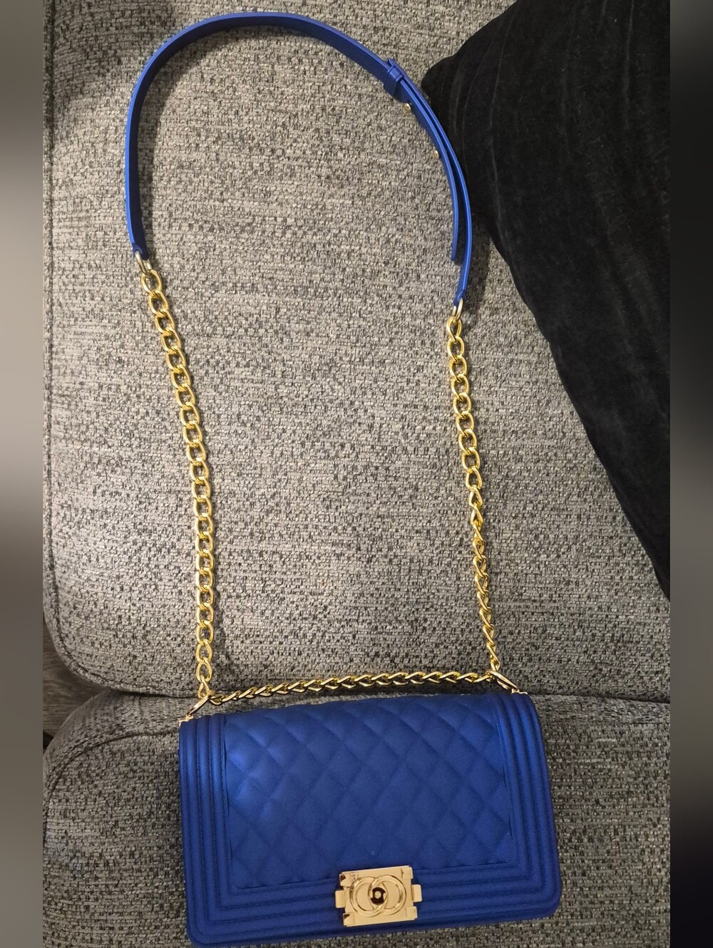 Blue Quilted Chain Shoulder Bag with Gold Strap
